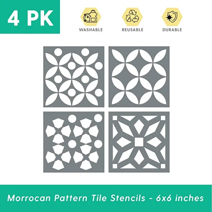 Moroccan Tile Stencil Set - Pack of Four 6x6  Designs for Painting Wall, Floor, Fabric or Wood stencils