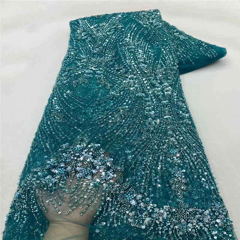 Luxury French Lace Fabric Tulle Net Elegant Heavy Beads 5 Yards Handmade Sequins Fabric Nigeria Wedding Bridal Dress for Party