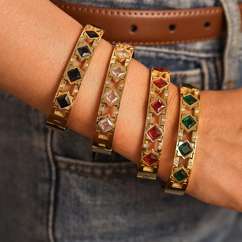 Waterproof Square White Zircon Colorful Glass Diamond Bangles 316L Stainless Steel PVD Vacuum Gold Plated Bracelet Women Jewelry