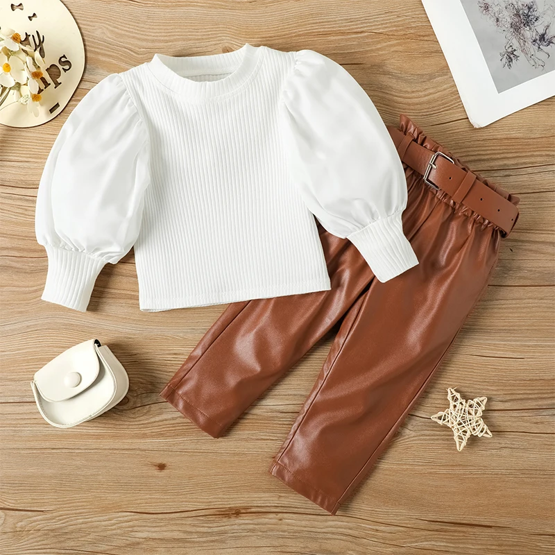 Girls Sets Spring Girls Clothes Leather Pants Outfit Kids Fashion Suit Autumn Wholesale Children Solid Colors Girl Clothing Set