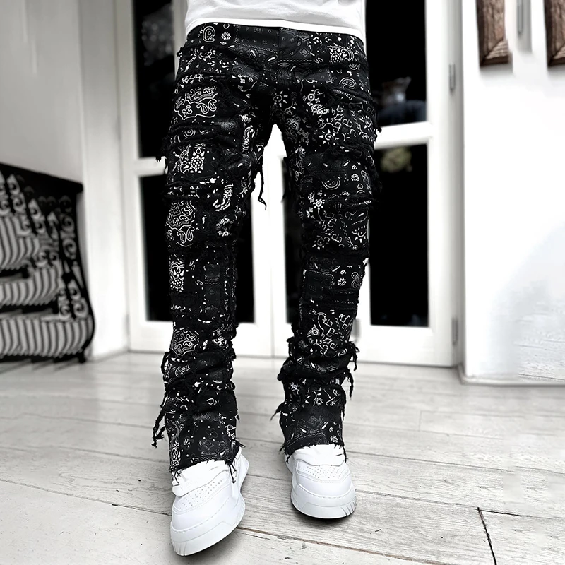 YSJY custom streetwear pant men cargo trousers acid wash distressed flared stacked baggy joggers for men