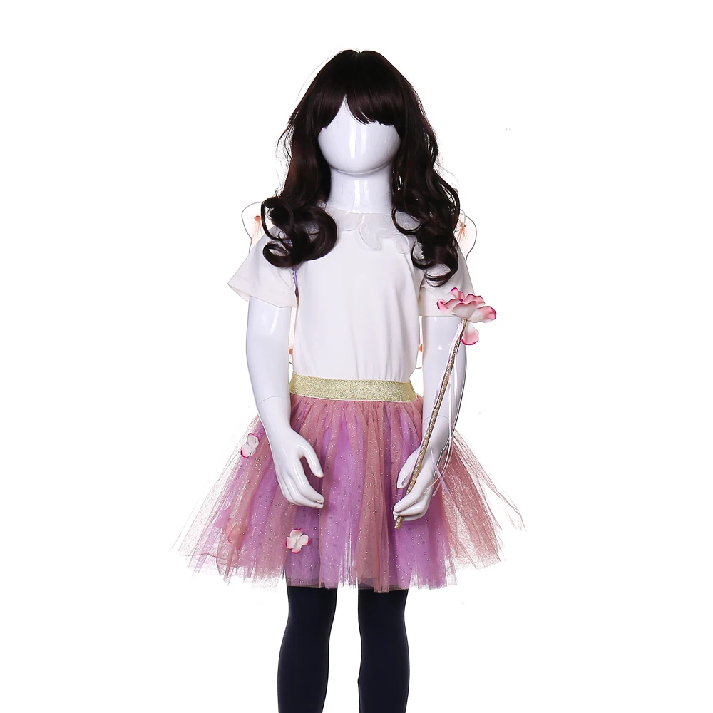 Pink purple gradient gauze dress with rose + butterfly wings + fairy stick tutu set for girls party tutu set