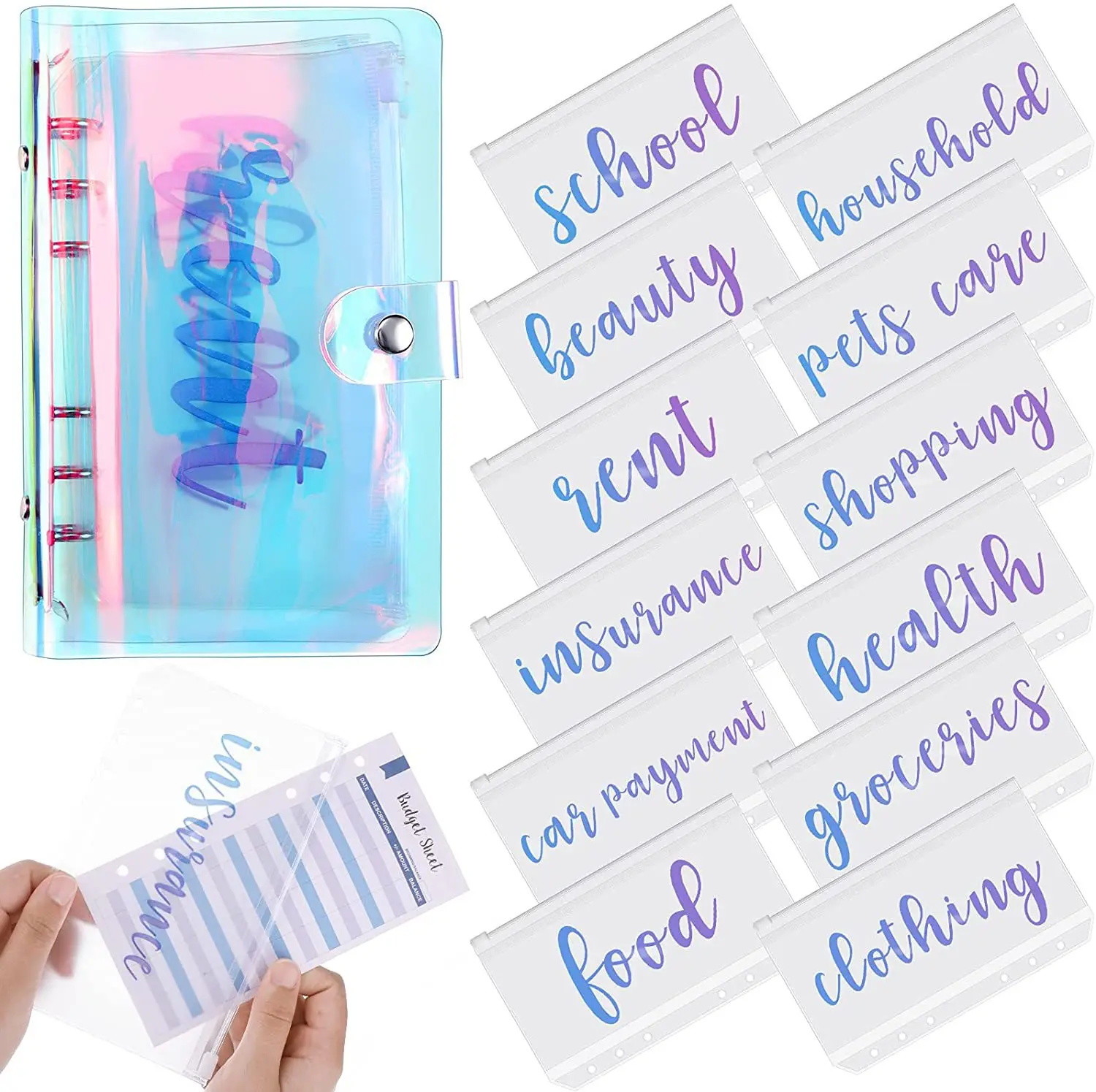 plastic pvc zipper bag clear holographic mylar aluminum foil zipper bags pouch label stickers a6 a7 cash envelopes for budgeting