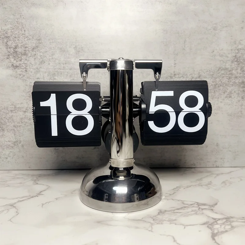 Small Scale Retro Flip over Quartz Clock Stainless Steel Internal Gear Operated Black/White Analog-Digital Table Clock
