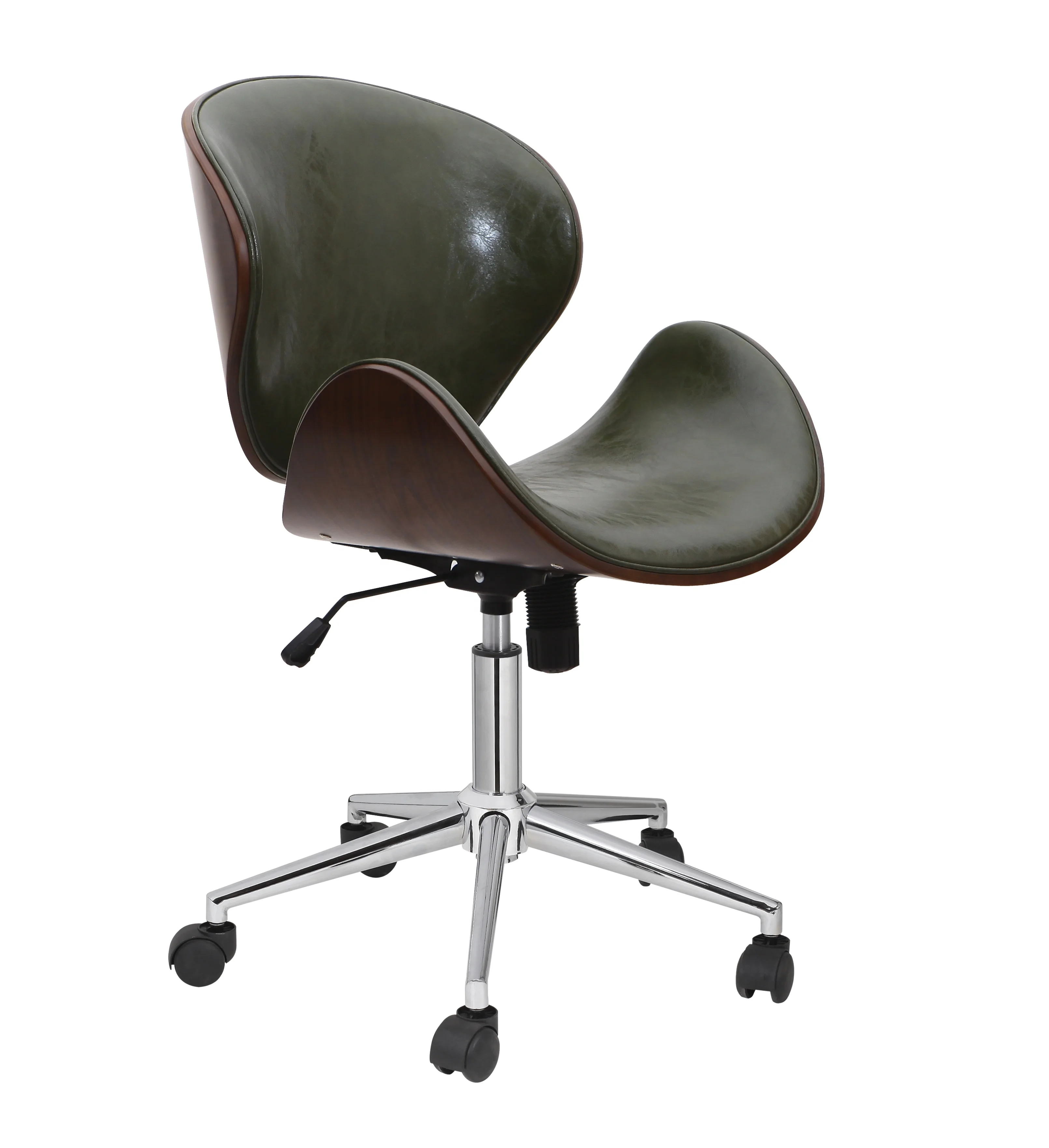 2021 Китай новый современный черный кожаный ореховая отделка деревянная рамка элегантный поворотный офисный стул хромированные ножки офисный производитель