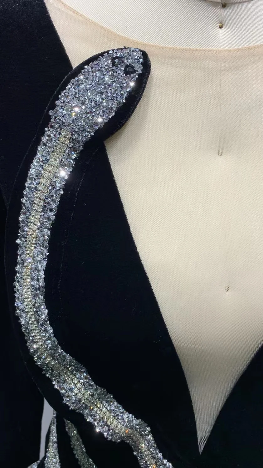 ED2292 Kimshein Black Girl Luxury Dresses Long Sleeve Mesh V Neck Velvet Snake Pattern With Crystal Vestidos Party Evening