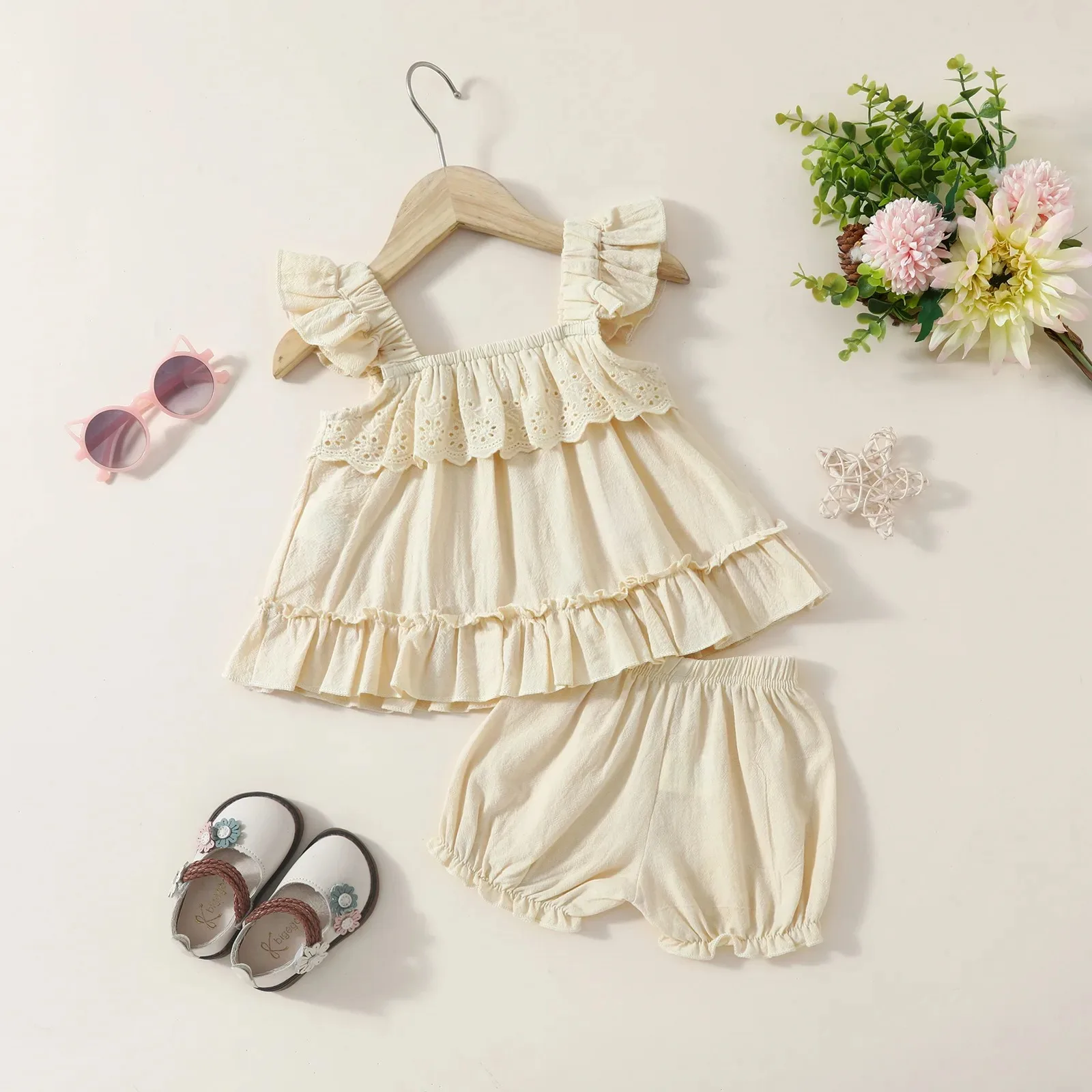 0-3Years Toddler Newborn Baby Girls Clothes Sets Summer Square Neck Sleeveless Ruffles Lace Tank Tops+ Solid Shorts 2pcs Outfits