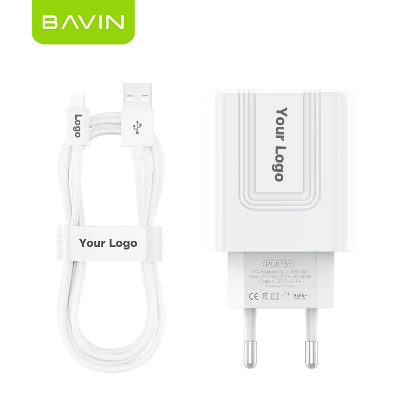 BAVIN Wholesale Price  5V 2A Custom UK US EU Plug Dual USB Port Home Use Mobile Phone Fast Charging   Wall Travel Charger PC815Y