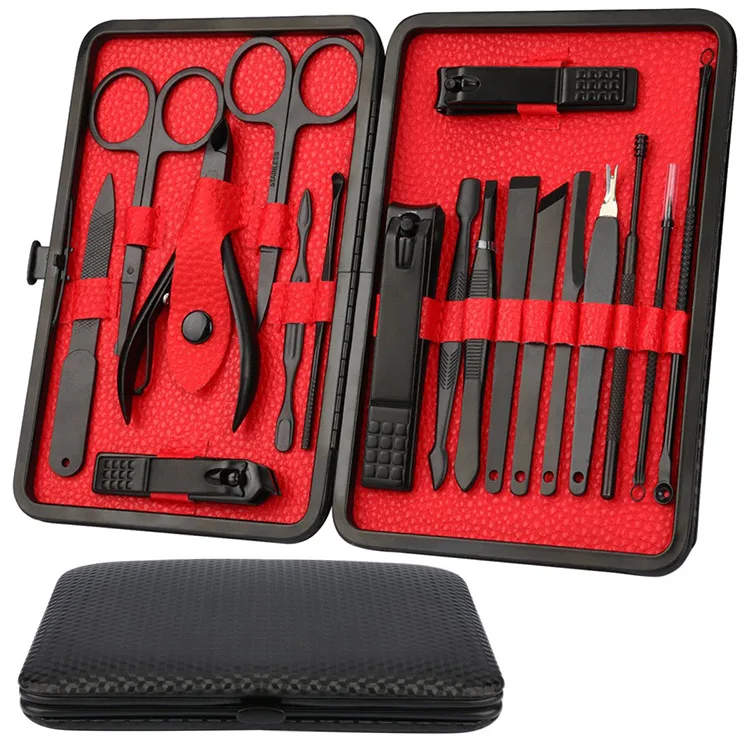 Manicure Set, 18 in 1 Stainless Steel Professional Pedicure Kit Nail Scissors Grooming Kit with Black Leather Travel Case