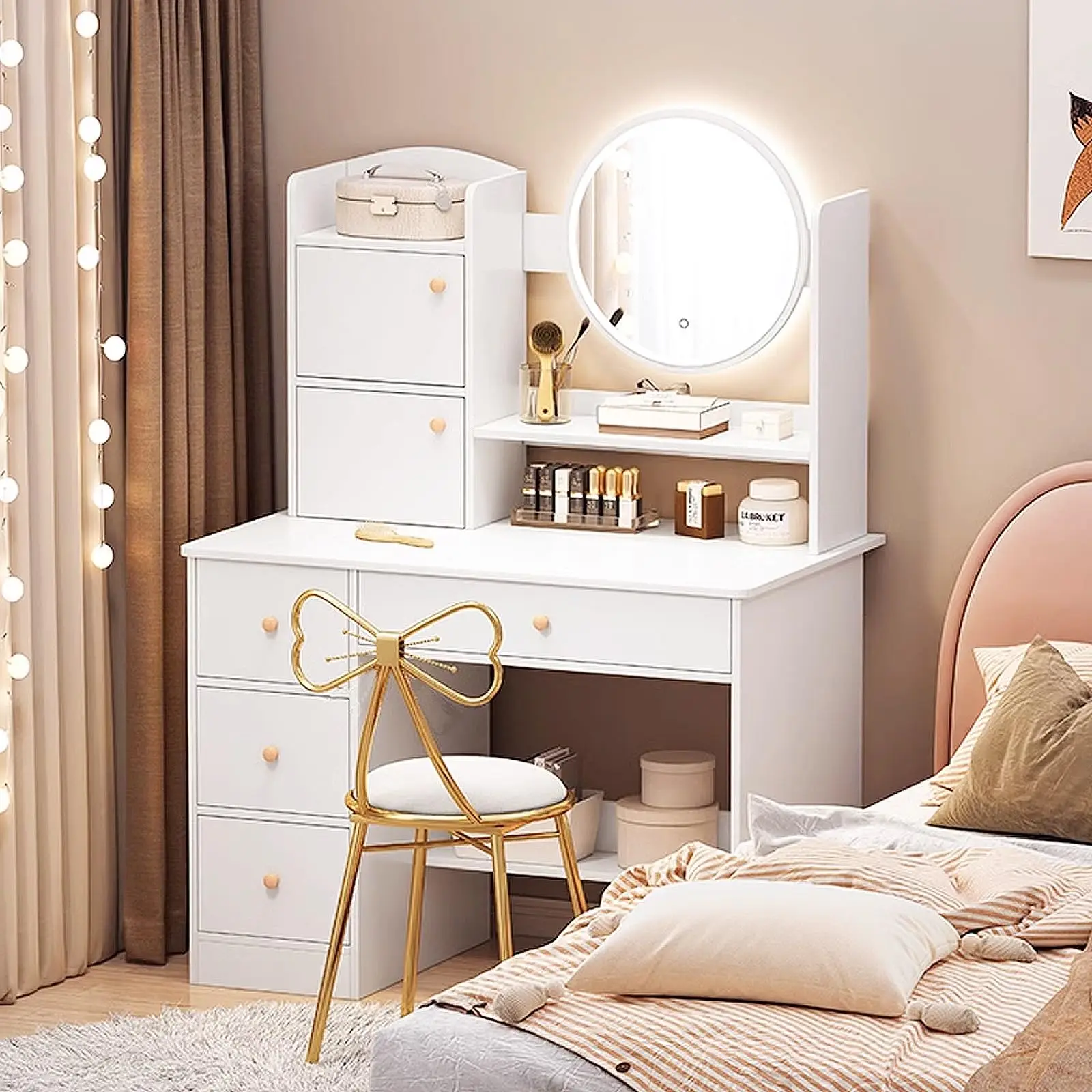Современный деревянный coiffeuse avec miroir светодиодный с выдвижными ящиками 3 регулируемая яркость белый туалетный столик табуреткой для спальни