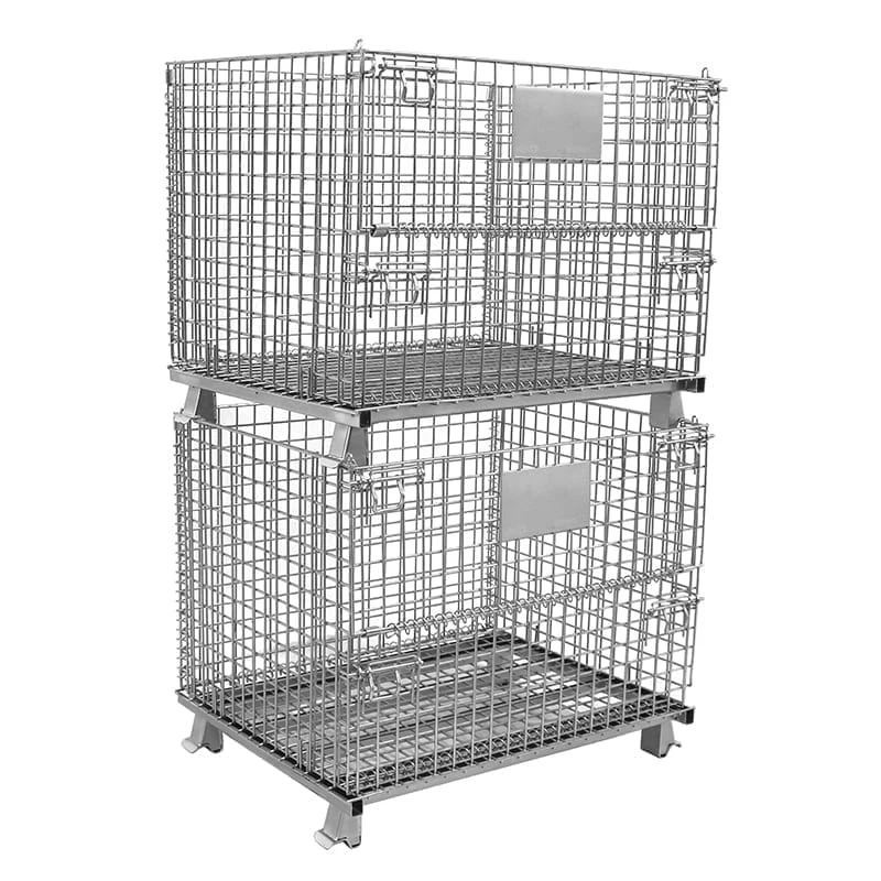 Metal folding storage bin cage wire mesh container with top lid for pallet