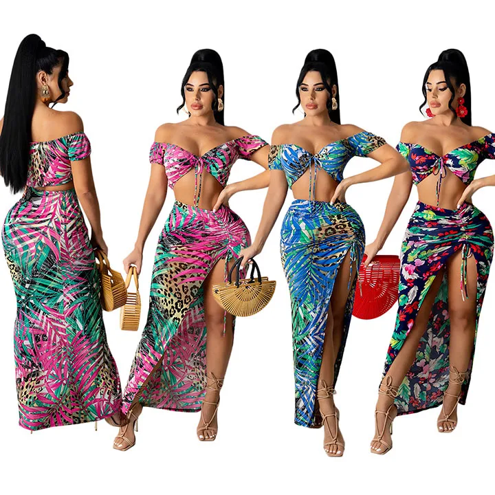 
DLL-S390109 High quality bandage floral sexy outfits sexy cut out beachwear skirt women long 2 piece set women skirt sets 