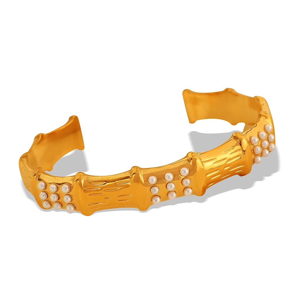 INS exaggerated niche light luxury pearl bracelet bamboo opening rhinestone bracelet for women stainless steel