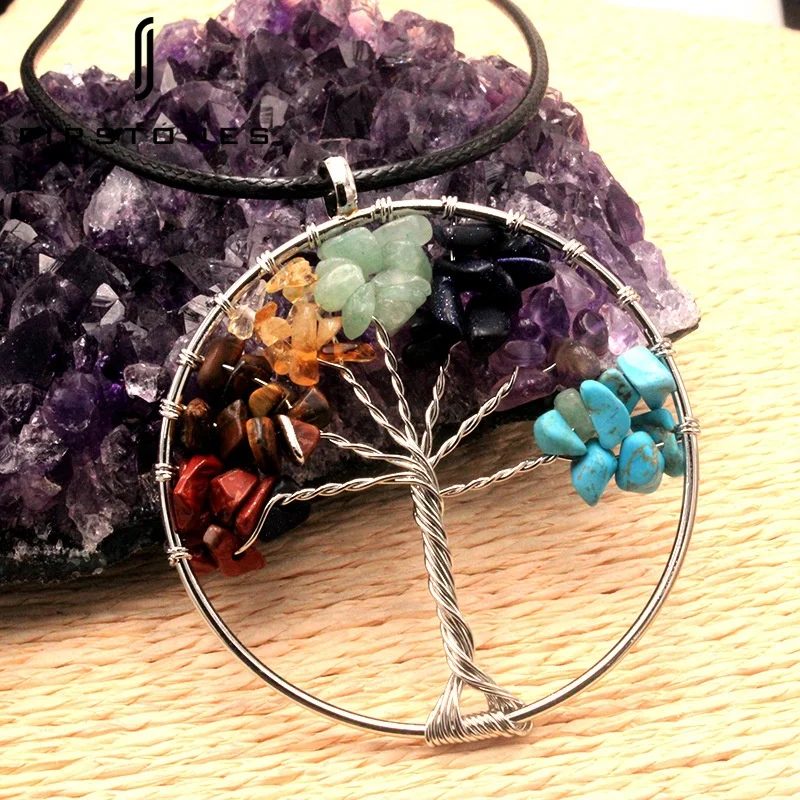 Модное ожерелье с подвеской из натурального камня с изображением дерева жизни