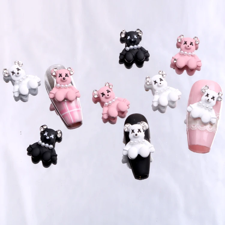 TSZS Wholesale Kawaii Bear Pink Black White with Diamond Rhinestone Diy Alloy Glitter Nail Design Decorations Nail Jewelry Charm