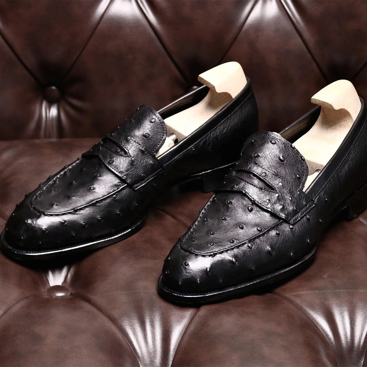 Ostrich skin Bespoke shoes Men Dress shoes Loafers Shoes Blake/Goodyear Bottom
