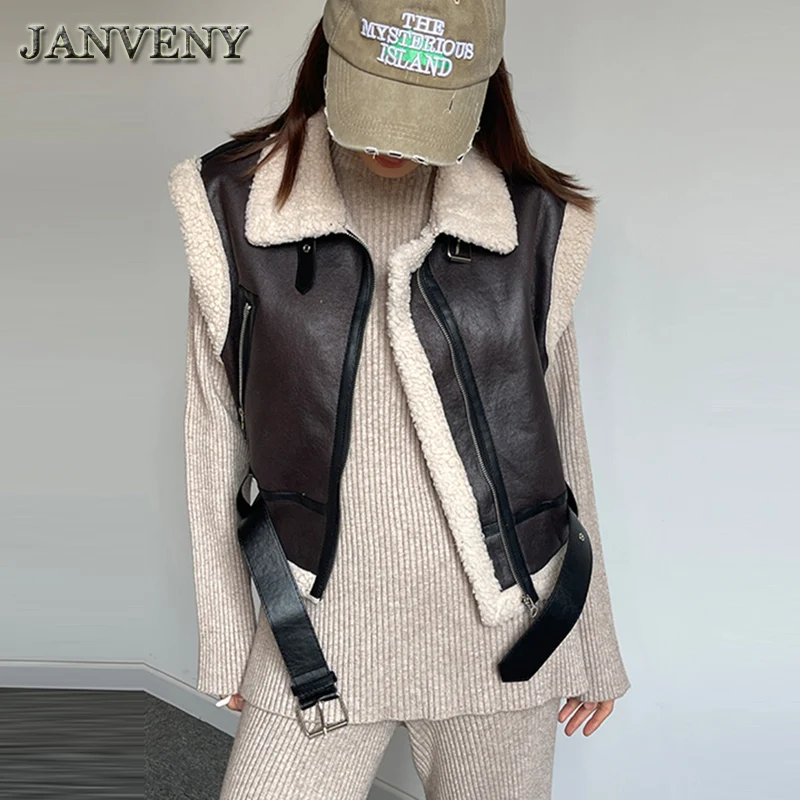 JANVENY 2024 New Winter Autumn Faux Shearling Short Waistcoat Women Lapel Collar Solid Zipper Brown Cropped Sleeveless Vest