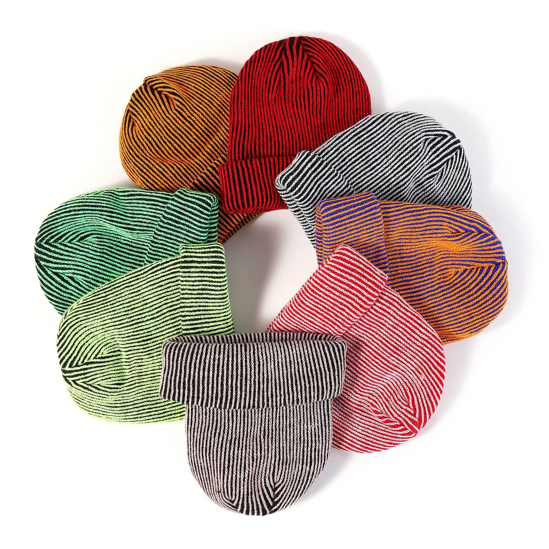 2024 Color Striped Knitted Hat Winter Warm Acrylic Rolled Edge Beanie Hat