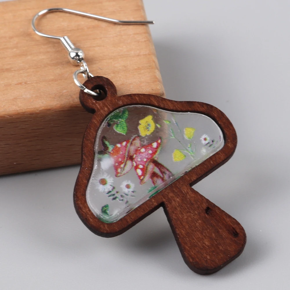 Cartoon Wood Mushroom Earrings Print Wholesale Wooden Original Forest Flowers Frog Mushroom Butterfly Clear Acrylic Custom FS