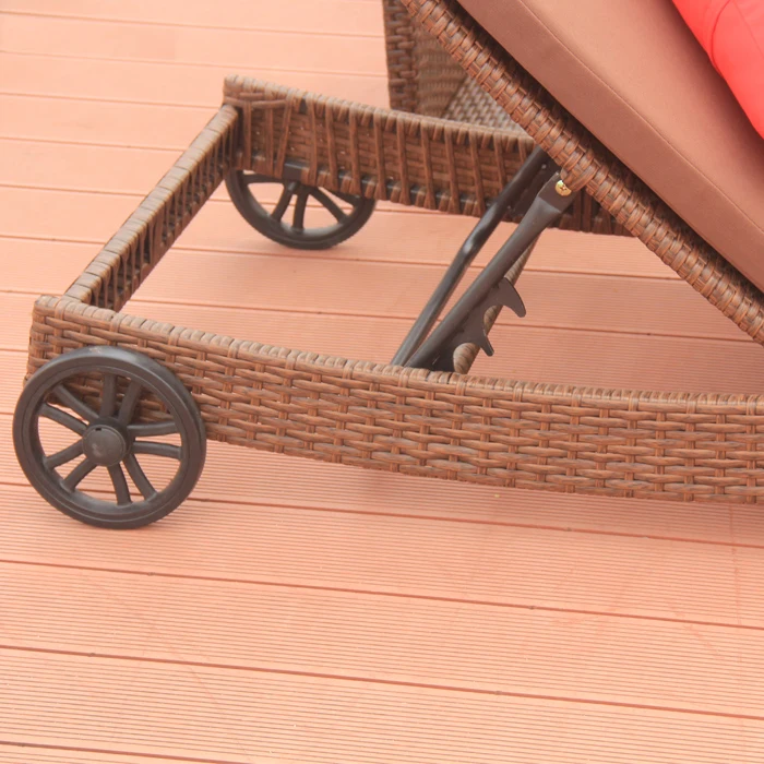 Outdoor Wicker Chaise Lounge Double Rattan Sun Lounge with Wheel Beach Chair