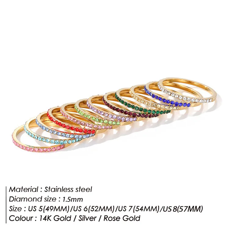 Rirthstone Styles Niche Design 22 Diamond Stainless Steel Colorful Zircon Rings for Women Jewelry Birthday Ring