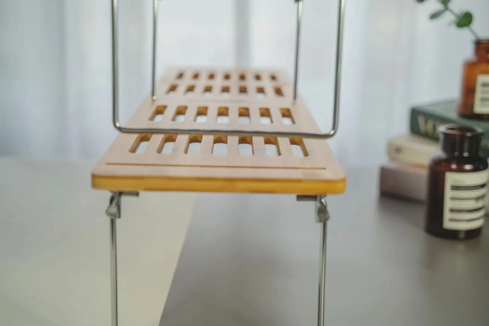 Wooden Dish Drying Holder Bamboo Plate Drainer 2 Tier Collapsible Dish Rack with Utensil Holder for Kitchen Counter