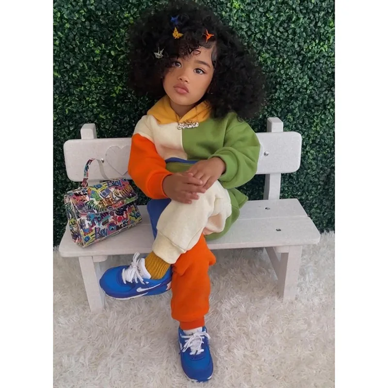 Wholesale autumn new fashion color patchwork children long sleeve hoodie set