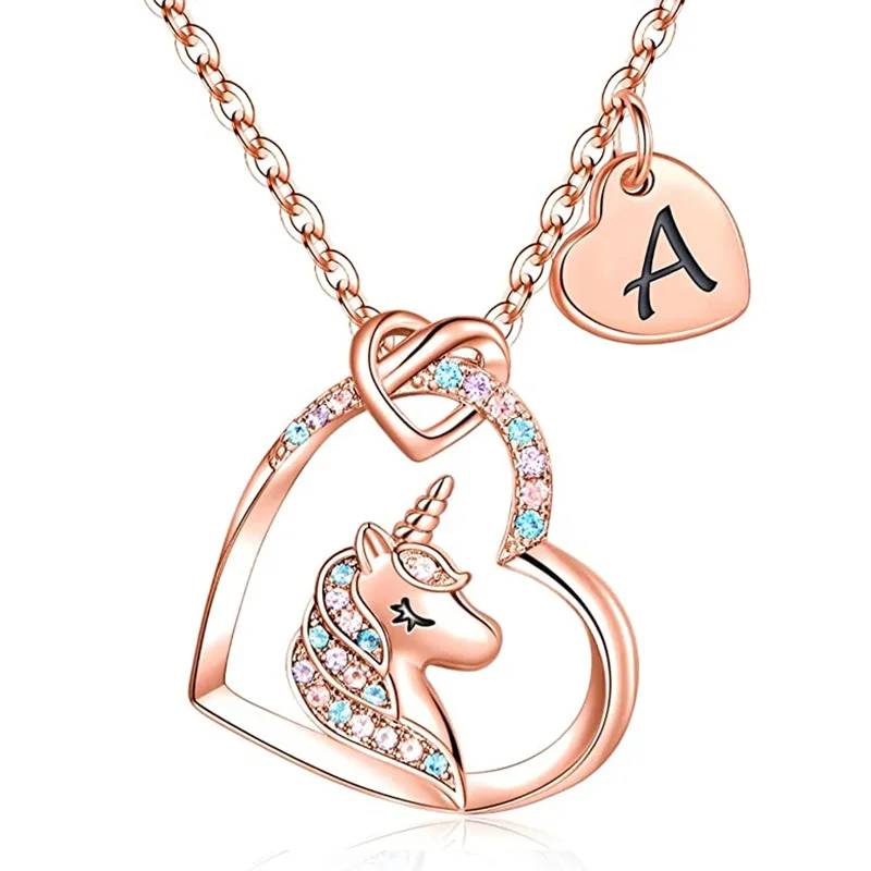 Stainless Steel Heart Love Pendant Initial Letters A-Z Bling Zircon Unicorn Necklace Kids Lovely Necklace Jewelry