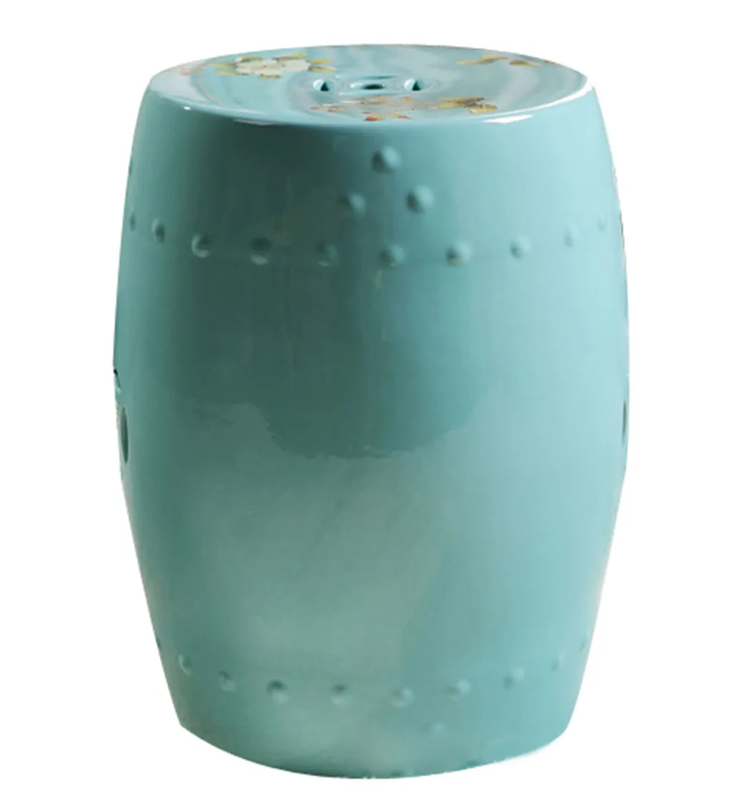 Modern Chinese Red Porcelain Drum Stools with Flower Bird Painting Decorative Ceramic Garden Stool