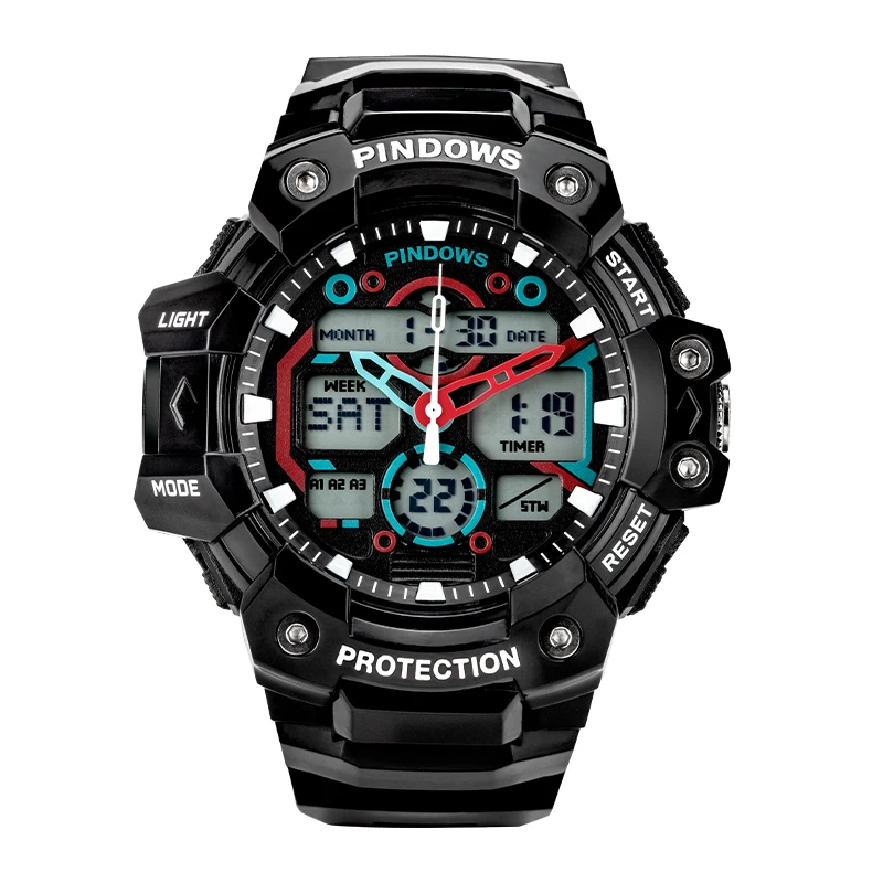 PINDOWS Outdoor Waterproof Digital Watch LED Screen Large Face Display 12H/24H Stopwatch Calendar Unisex Wrist Digital Watch