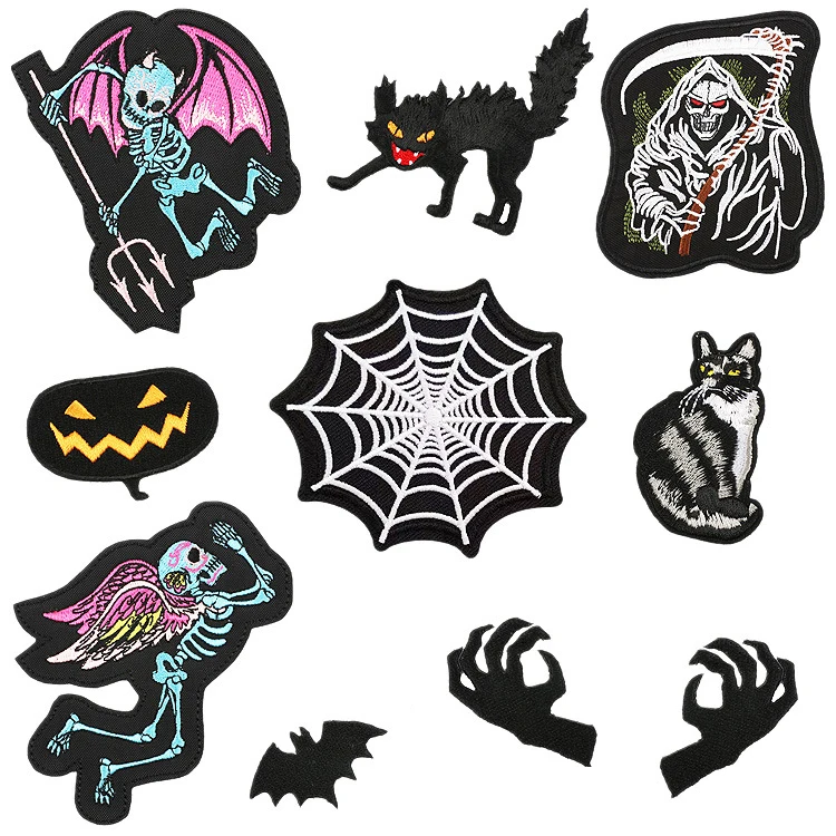 Halloween skull pumpkin twill embroidery iron-on patch spider web cat patch