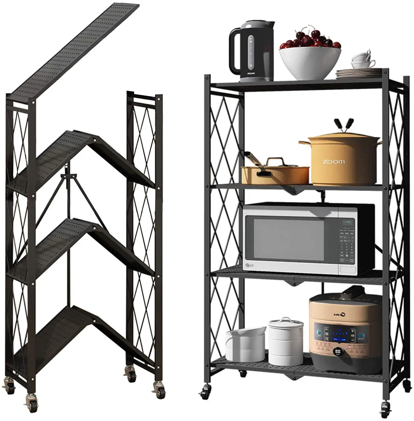Folding design 5 tier layer home storage kitchen racks metal folding shelves with wheels