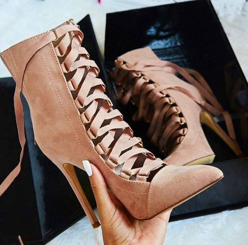 
New Style Botas Para Mujer Con Encaje Ankle Height Lace up Strappy Women Stiletto Heels Sepatu Boots for Ladies 