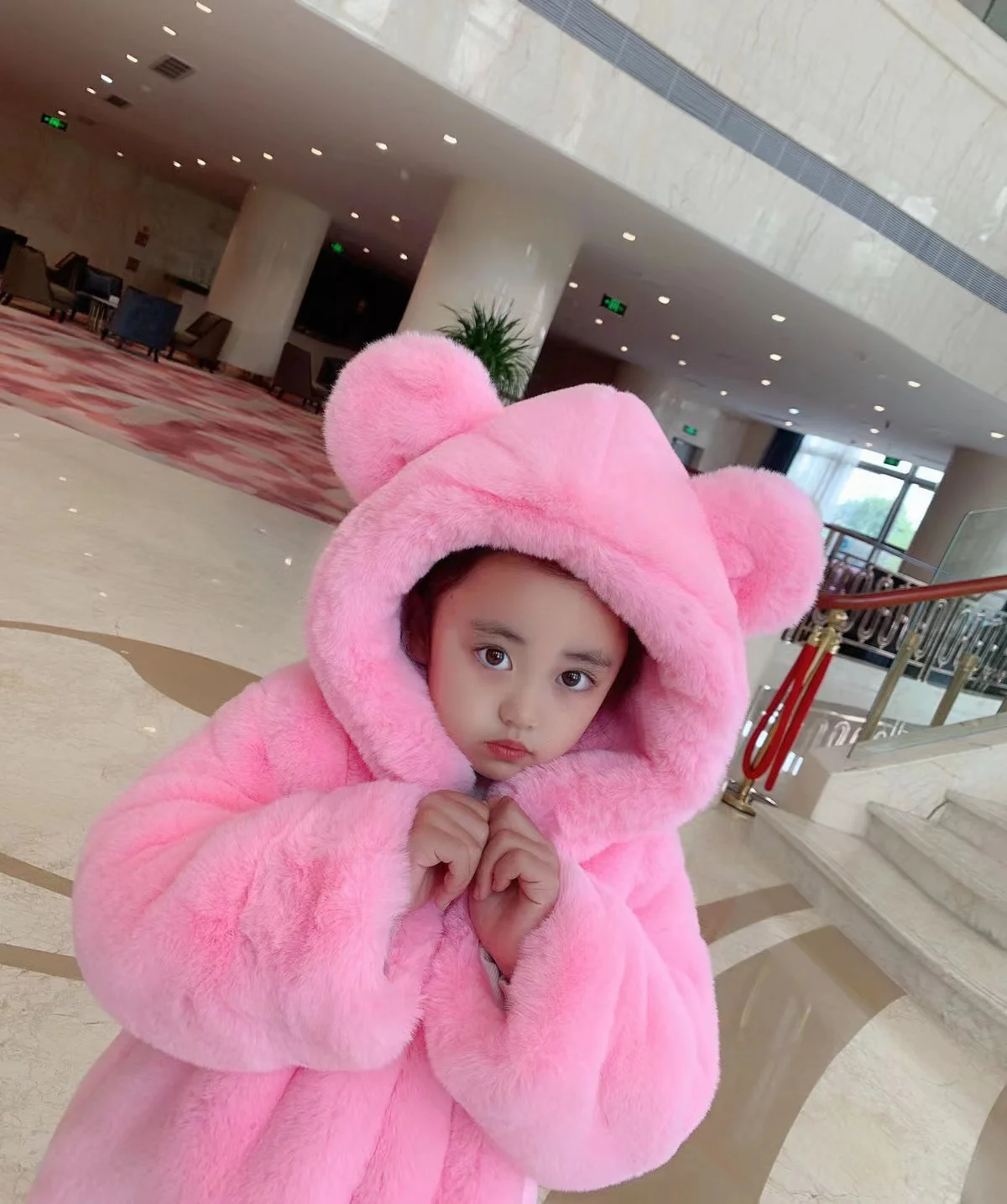 Wholesale Winter Warm bear ear  Clothing Kids Girl hooded Overcoat Jacket Faux Fur Toddler Baby Loose Coats
