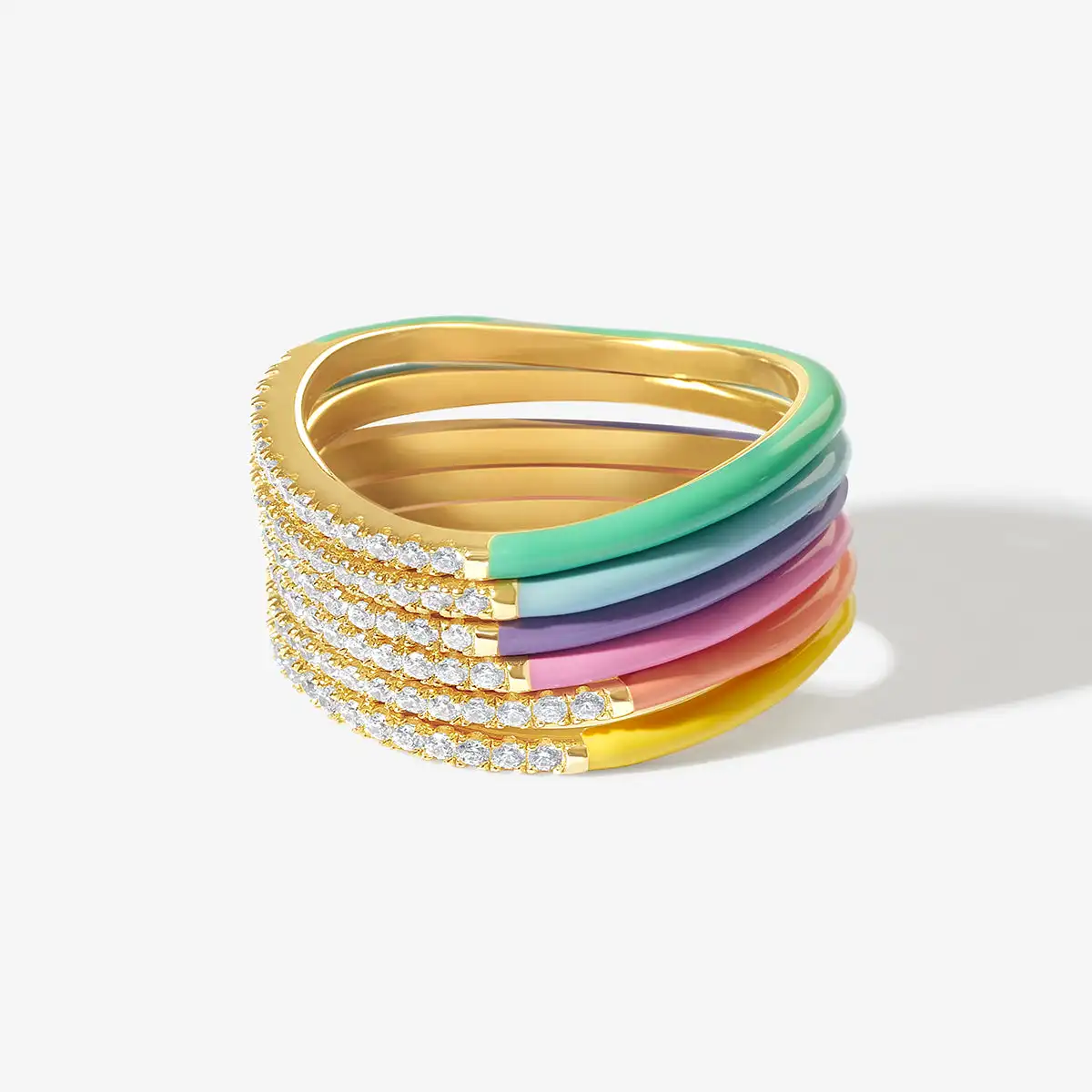 Delicate Gold Plated Fine Jewelry Micro Pave Cubic Zirconia Candy Rainbow Enamel Wave Stacking Ring For Women