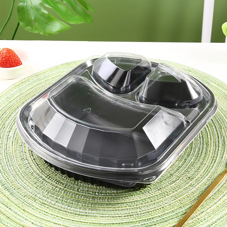 Custom Lunch Box Plastic Microwavable 3 Compartments Black Bento Lunch Box Container Disposable Food Packaging Box