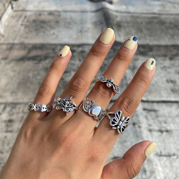 2021 new bee geometric ring retro silver flower heart-shaped wings ring set female