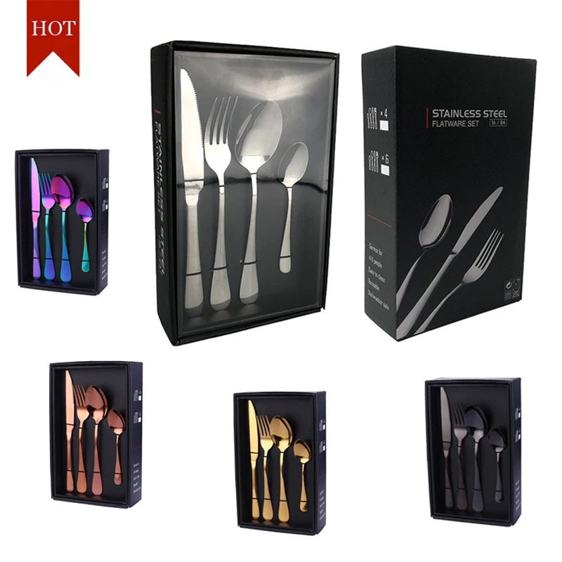Wholesale Reusable Black Silver Golden Wedding 24pcs Flatware Luxury Polish Gold Stainless Steel Cutlery Set with Gift Box