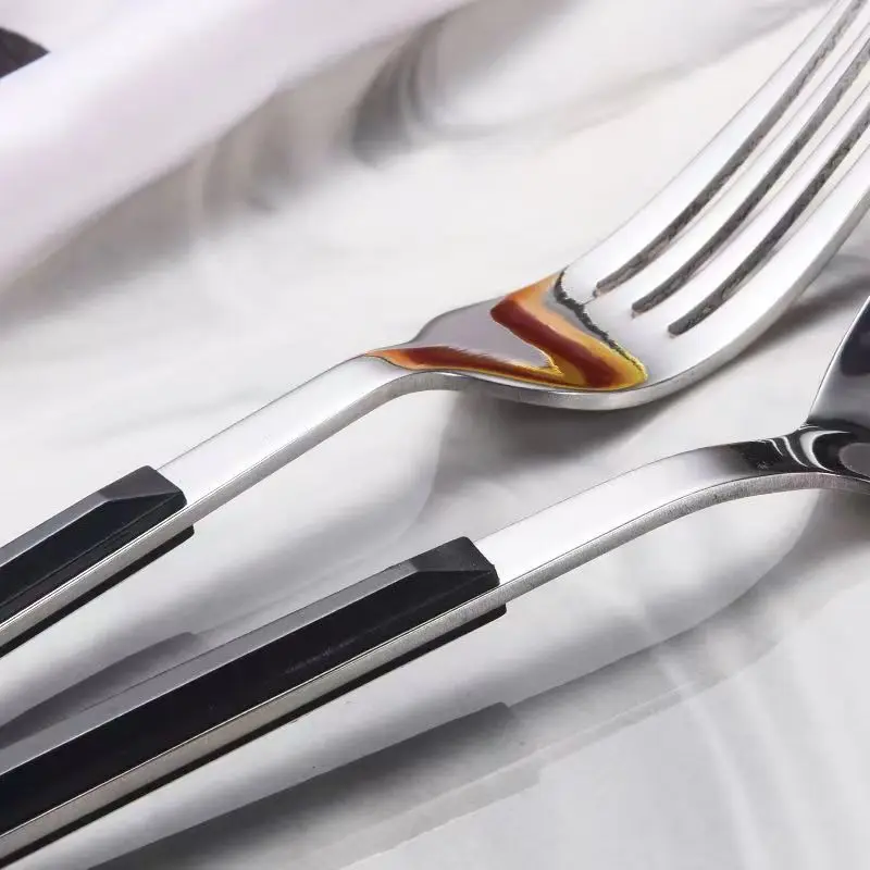 430 1810 Reusable Stainless Steel Flatware Spoons and Forks Set Cutlery Gift With Black Plastic Handle
