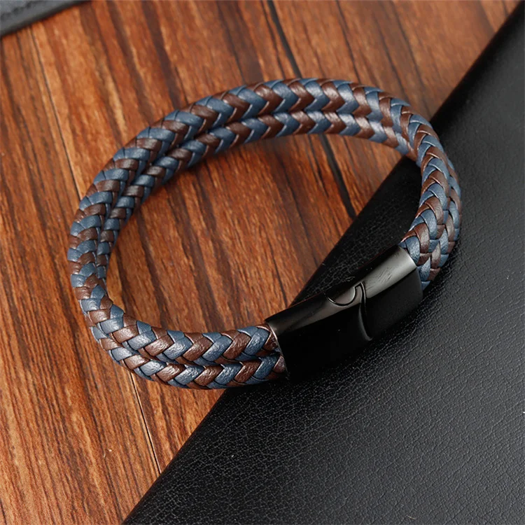 Fashion Double Layers Braided Wristband Bangle Custom Logo Stainless Steel Magnetic Buckles Colorful Genuine Leather Bracelets
