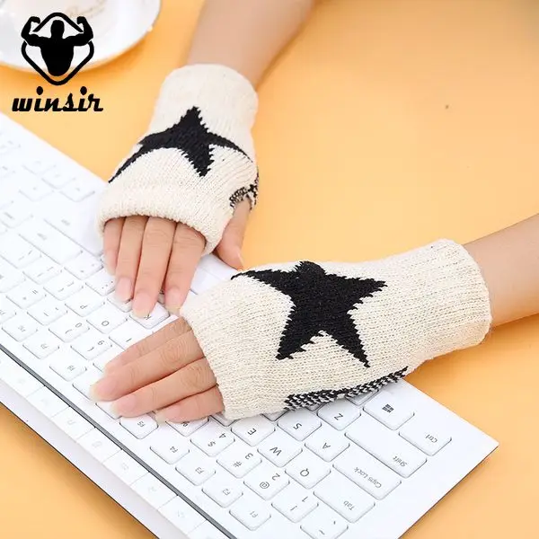 Unisex Exquisite Knitted Crochet Arm Fingerless Warm Thermal Winter Gloves Soft Warm Star Glove Mittens Fashion Men Women