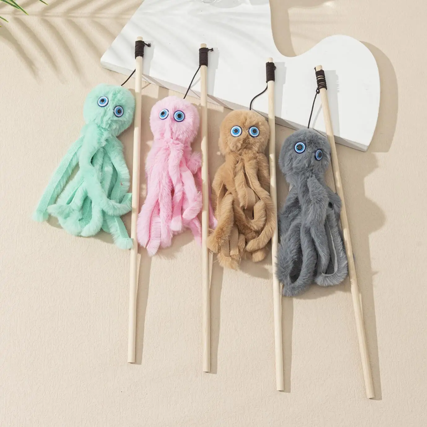 cat application wood stick high quality plush octopus colorful feather cat toy cat teaser stick toy