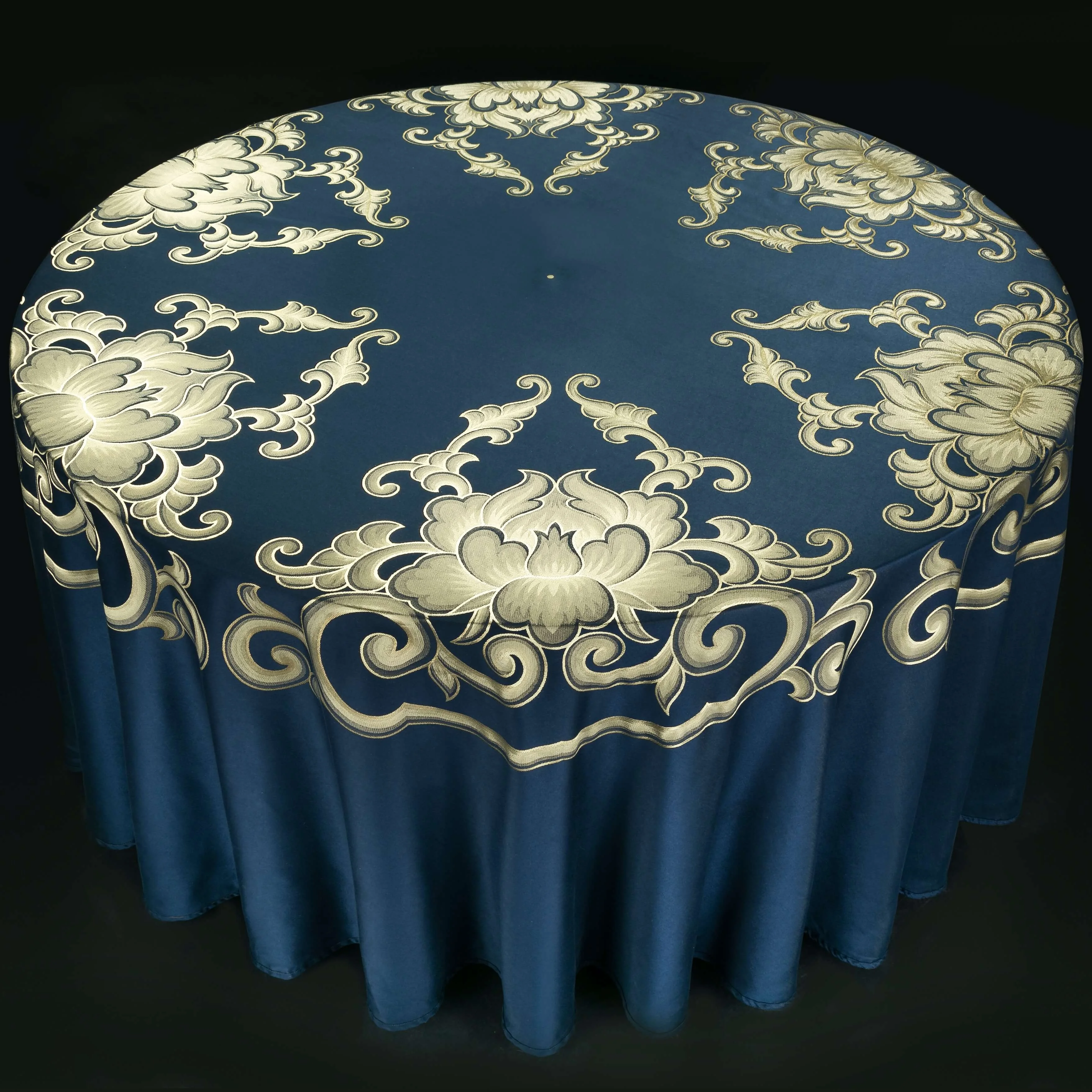 High ends polyester jacquard Teal seamless round tablecloth with custom Buddhist Hindu lotus