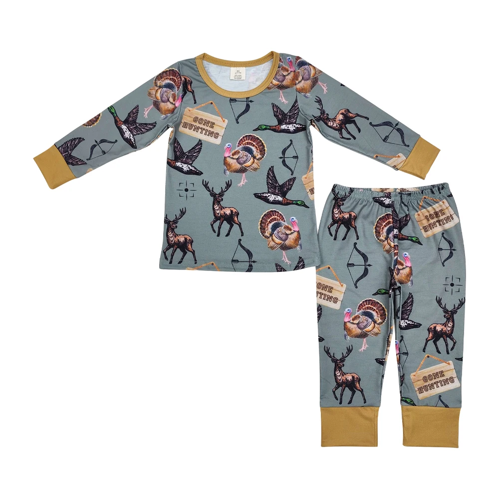 Duck Turkey Deer GONE HUNTING Print Boys Fall Bamboo Pajamas Clothes Set Wholesale RTS Toddler Boutique Kids Sleeper Clothes