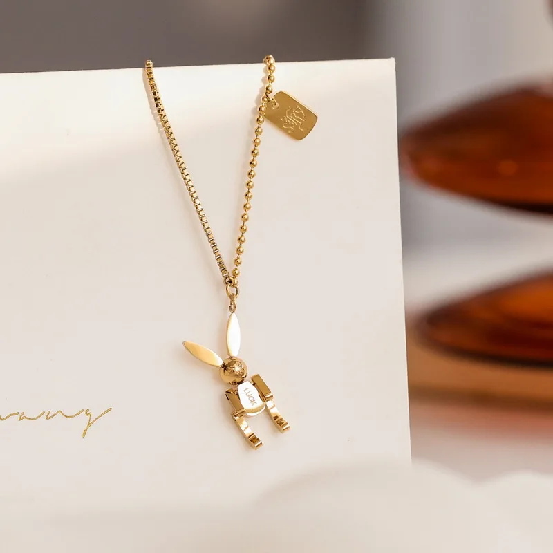 New Trendy Stainless Steel Sweater Chain Necklace Personality Mechanical Rabbit Necklace Gold Silver Hiphop Pendant Necklace
