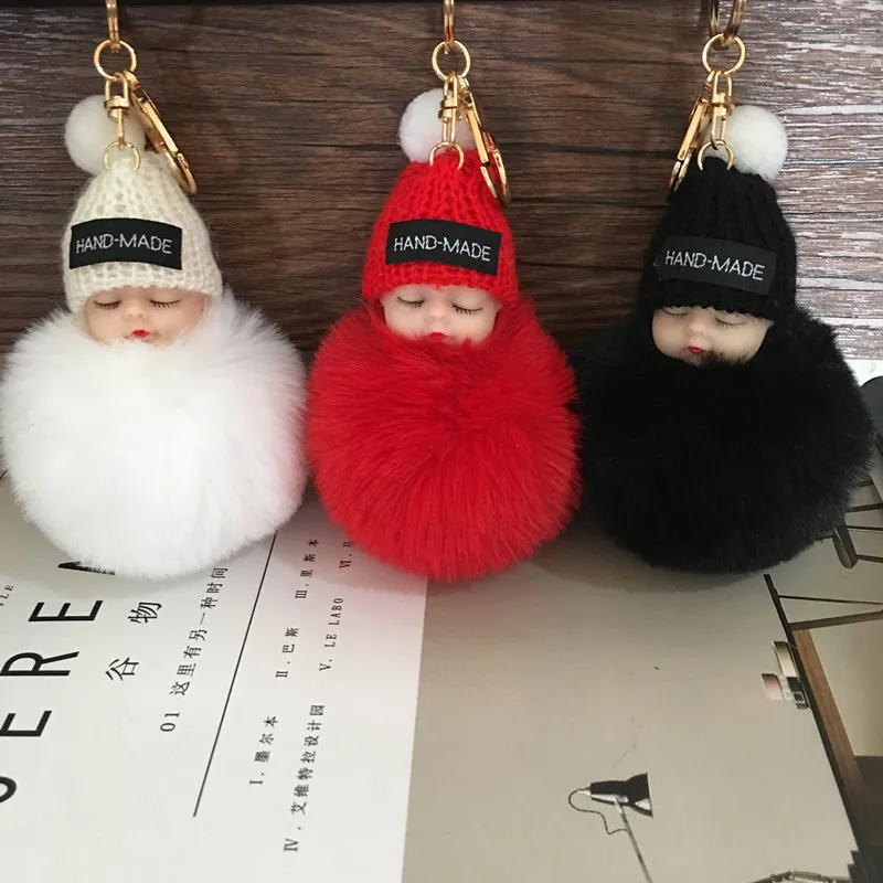 Cute Cartoon Sleeping Doll Keychain Fur Ball Plush KeyChain Keyring Women Handbag Car Key Holder Bag Pendant Toys for Kids Gift