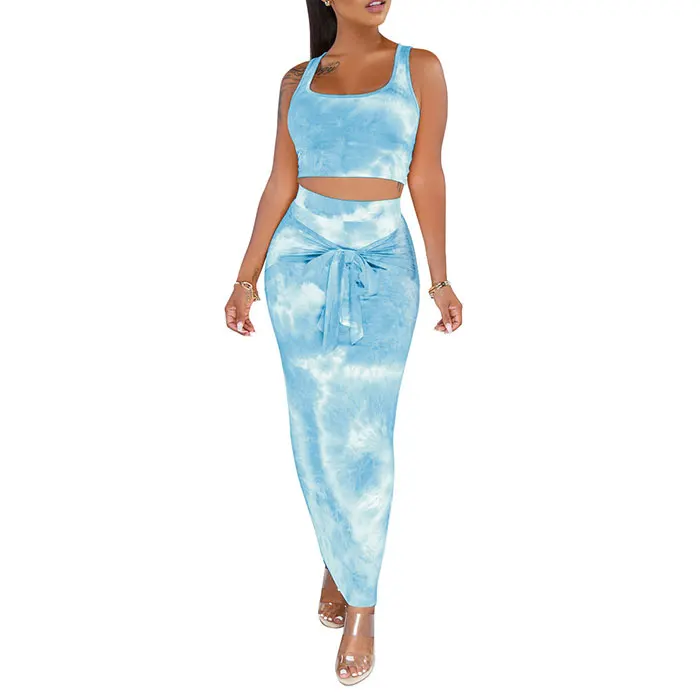 
Wholesale New Fashion Sleeveless Two Pieces Crop Top Long Skirt Set Sexy Batik Crop Top and Long Sheath Skirt 