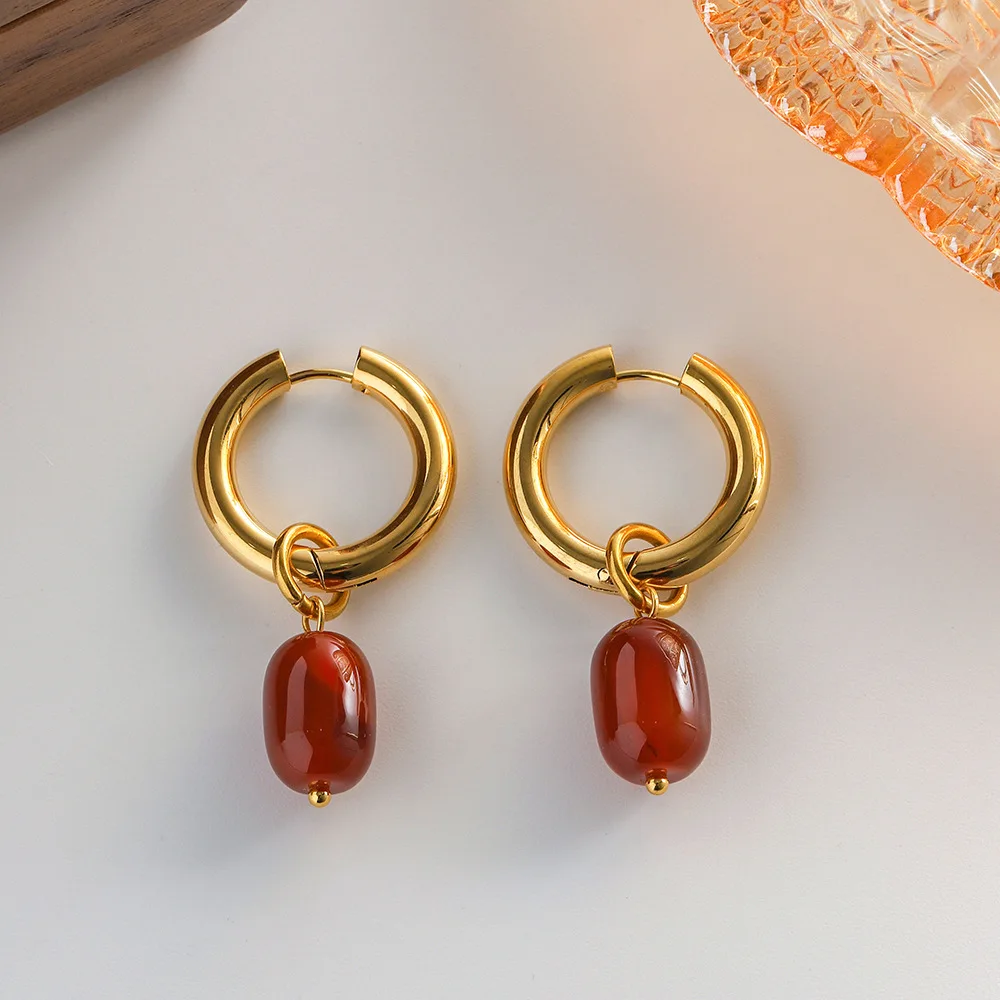 Trendy jewelry wholesale gold plated natural gemstone ruby red agate stone pendant drop stainless steel earrings for woman