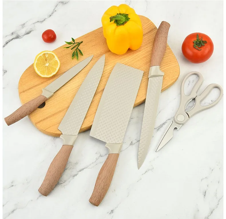 JOYWAVE Factory Custom 6-Pieces Stainless Steel Non-Stick Sharp Blade Chef Kitchen Knives Block Luxury Wooden Coating Knife Set