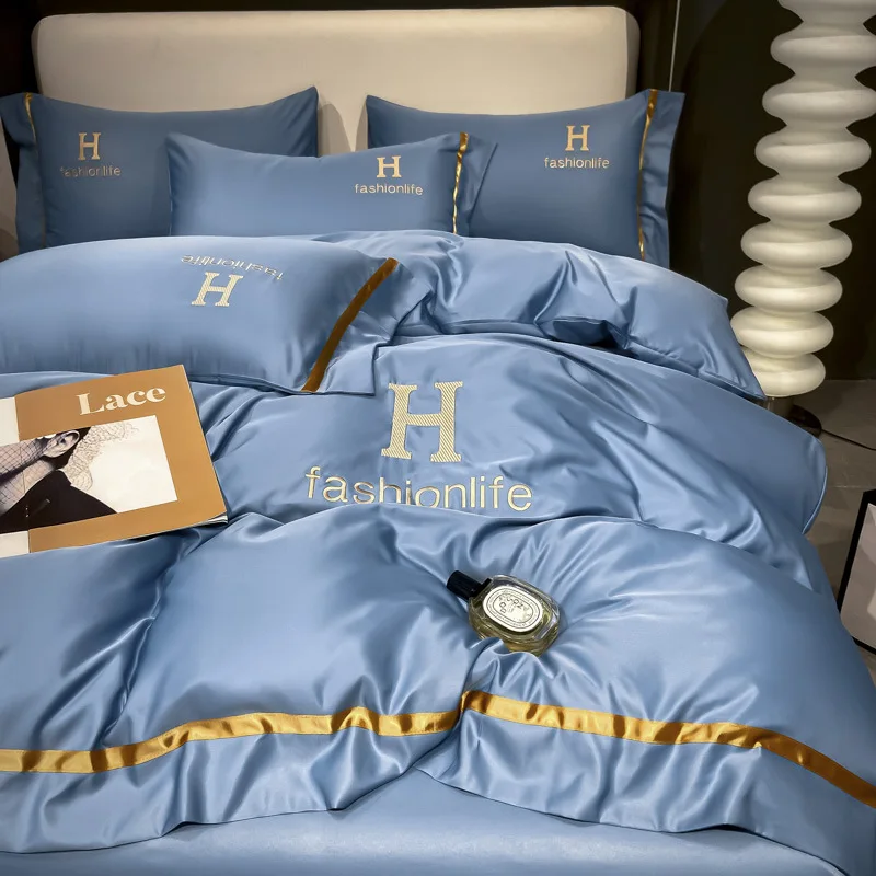 Однотонный Свадебный Комплект постельного белья из 100% шелка с вышивкой двуспальная простыня и пододеяльник четырех